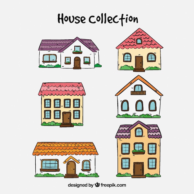 Set of six hand drawn houses