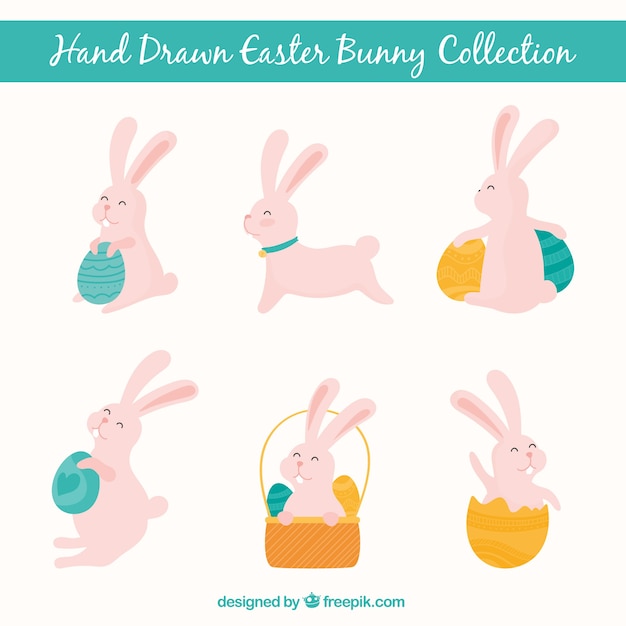 Free Vector set of six hand-drawn rabbits for easter day