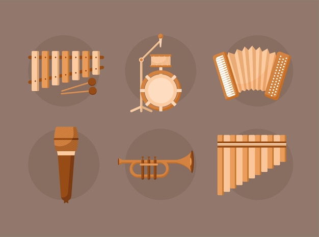 set of six music instruments