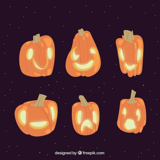 Free Vector set of six pumpkins with faces