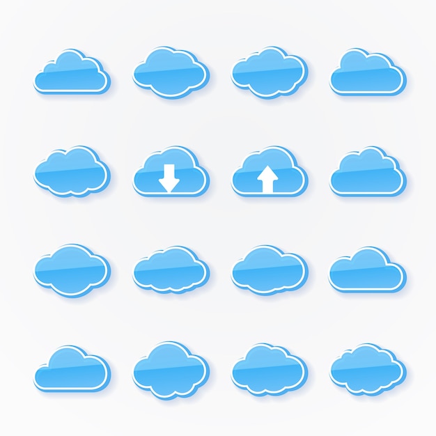 Free vector set of sixteen blue cloud icons of different shapes depicting the weather with two having arrows showing upward and downward transmission of data in cloud computing