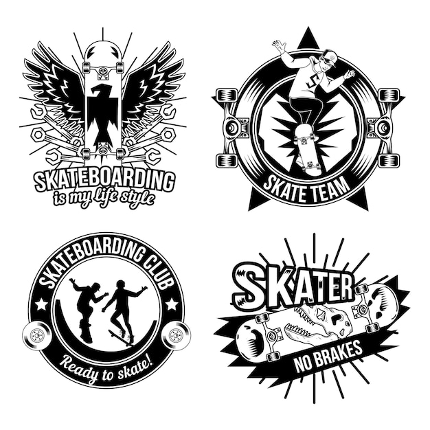 Free vector set of skateboarding emblems, logos. isolated on white