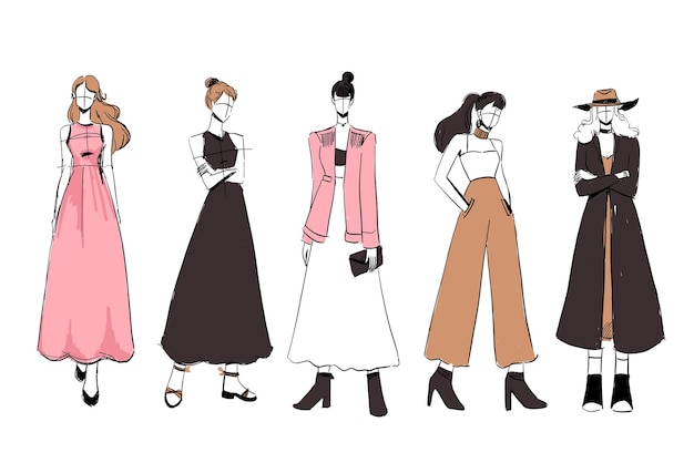 Free Vector set of sketches of beautiful and diverse female fashion outfits