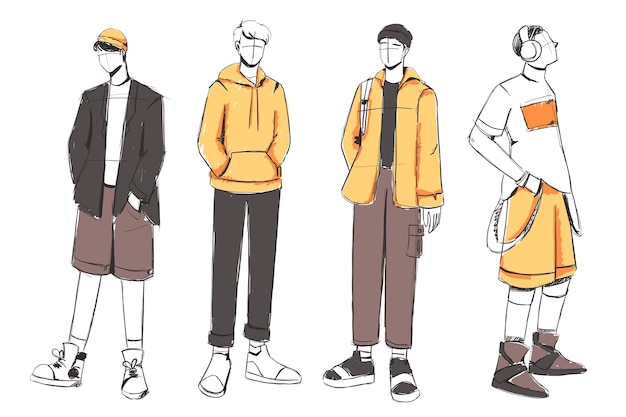 Set of Sketches of beautiful and diverse man fashion outfits