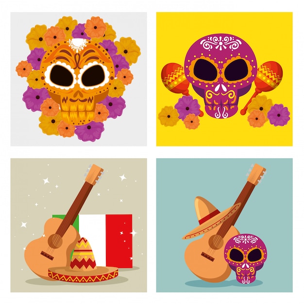 Free Vector set skull decoration with guitar and hat