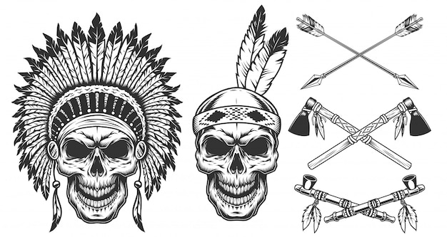 Set of skull in indian headwear