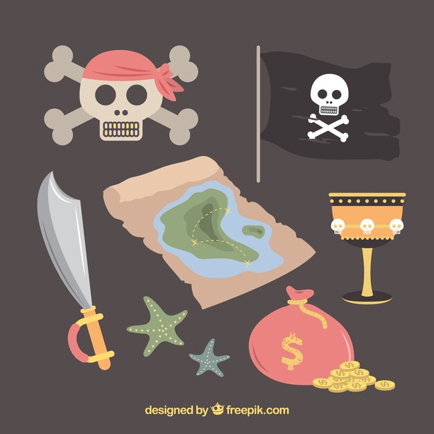 Set of skull with treasure map and other elements