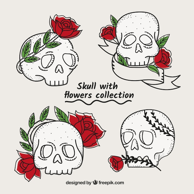 Set of skulls with roses and hand drawn leaves