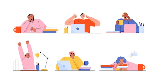 Free Vector set of sleepy people tired of work or studying