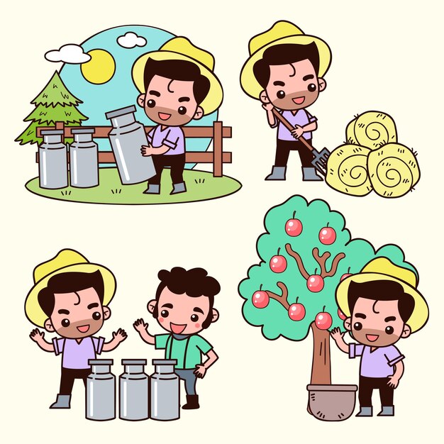 Set of Smart farm and agriculture young farmer and farming and animal husbandry in cartoon character vector illustrations