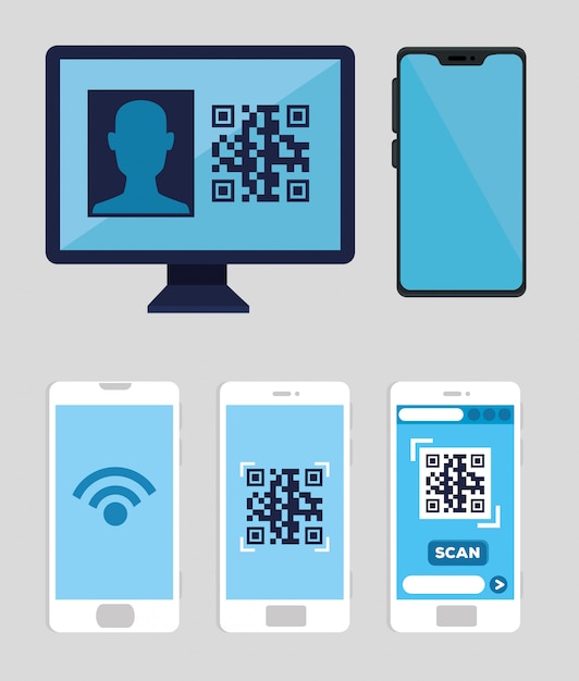 set smartphones and computer with code qr illustration design