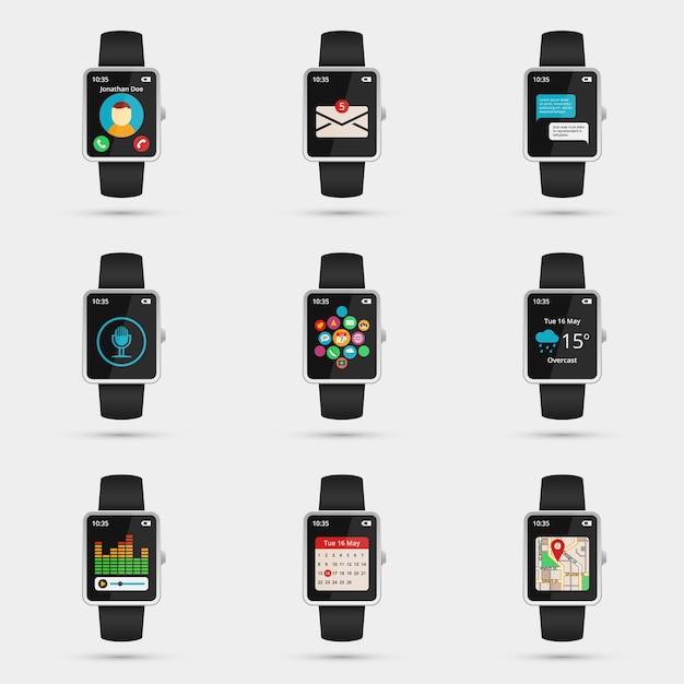 Set of smartwatch icons. wifi, map and weather, calendar and music, navigation and message