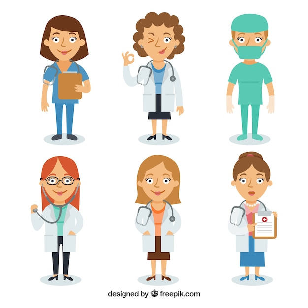 Set of smiley female doctors and surgeon