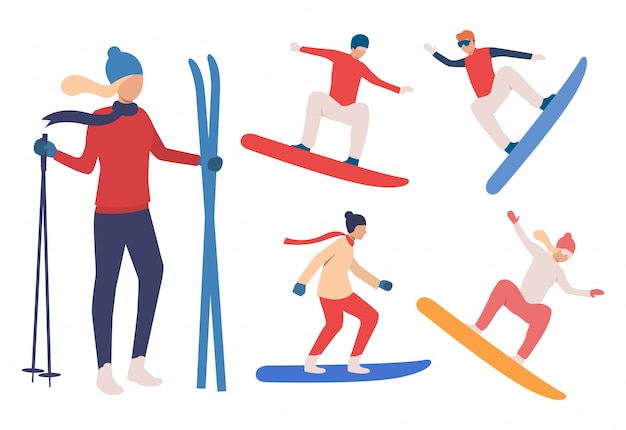 Free Vector set of snowboarders and skier