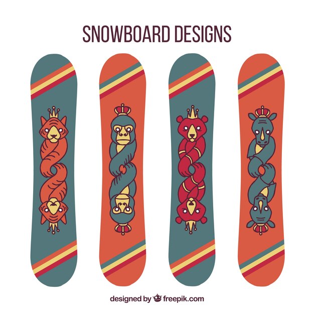 Free Vector set of snowboards with creative animal designs