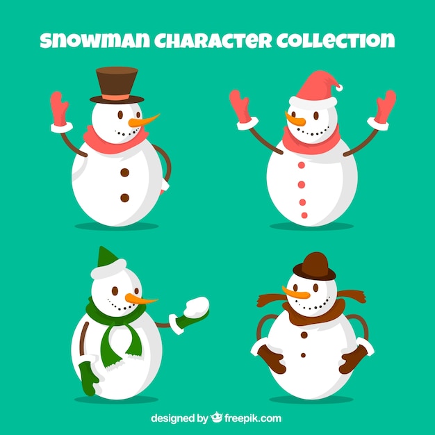 Set of snowmen with scarves and hats