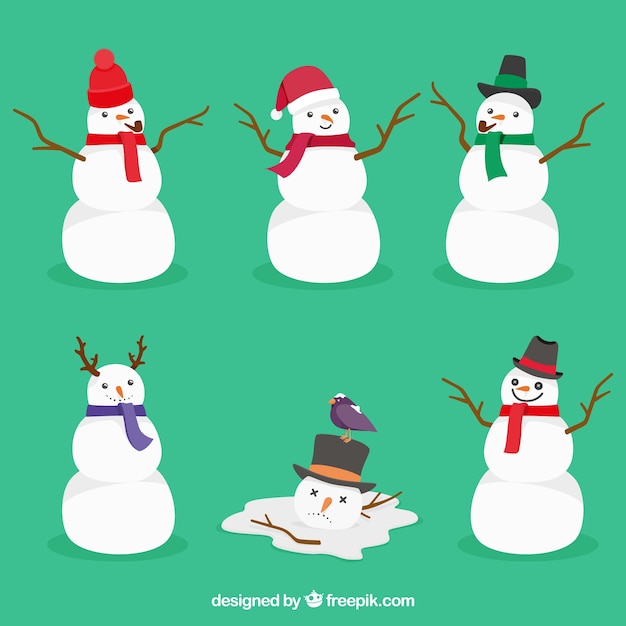 Free Vector set of snowmen with scarves