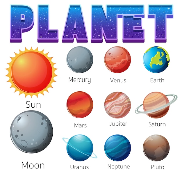 Free vector set of solar system planets on white background