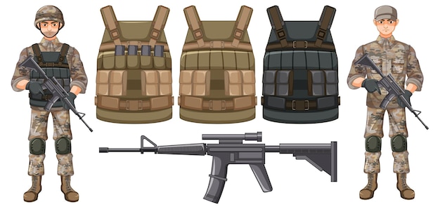 Free Vector set of soldier and bullet proof vest and gun