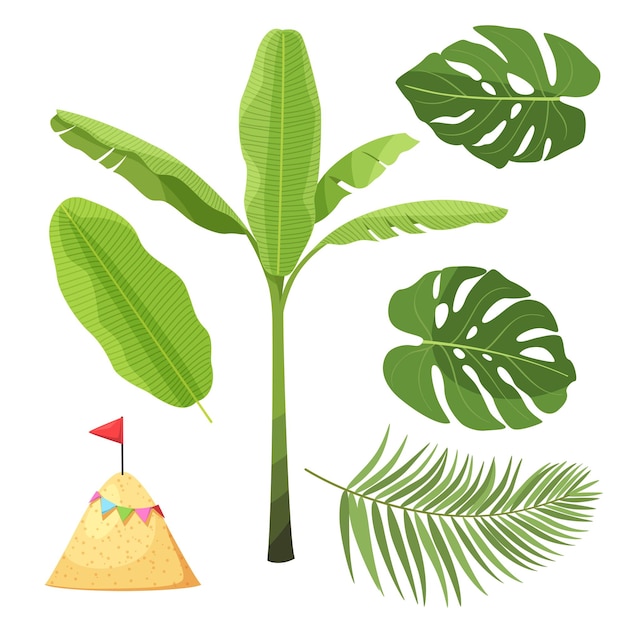 Free vector set of songkran festival element with banana leaf and monstera with castle sand for graphic design vector illustration