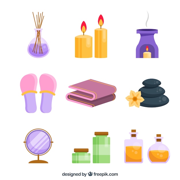 Set of spa center elements with candles and aromatic oils 