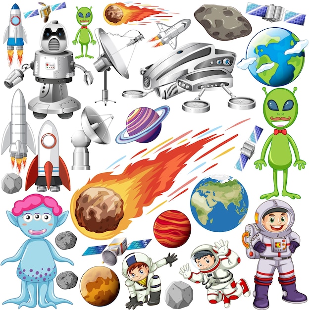 Set of space objects on white background