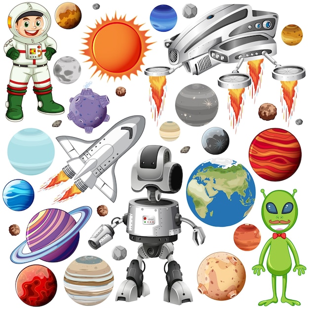 Free Vector set of space objects on white background