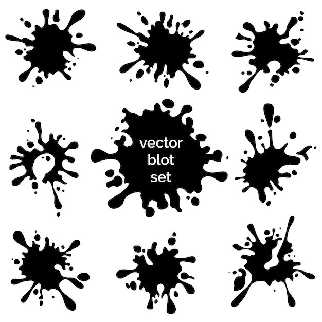 Set of splashes and blots black silhouettes on the white background.