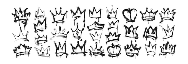 Free vector set of spray paint graffiti king crowns and princess tiara with inky splashes and drips