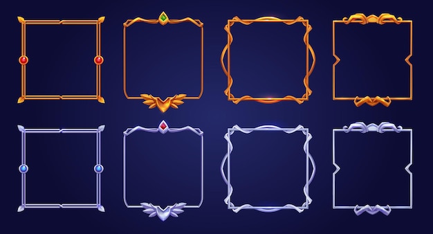 Set of square gold and silver ui game frames