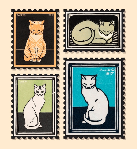 Free Vector set of stamps with cats