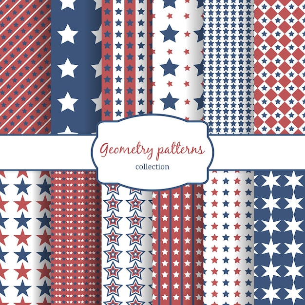 Set of stars and stripes pattern seamless patterns. Row, line and diagonal and geometry.