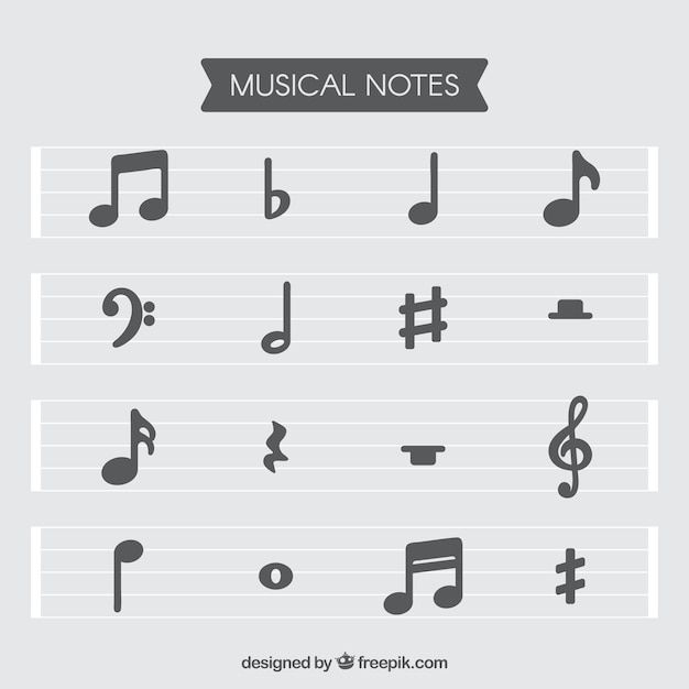 Free vector set of staves and musical notes in flat design