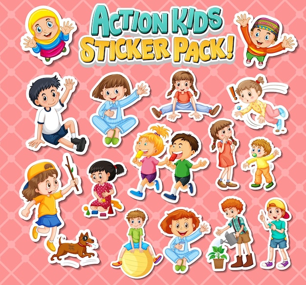 Set of stickers design with kids doing different activities