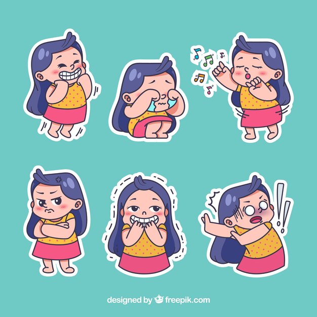 Set of stickers of nice hand drawn little girl 