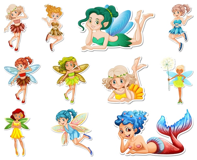 Free vector set of stickers with beautiful fairies and mermaid cartoon character