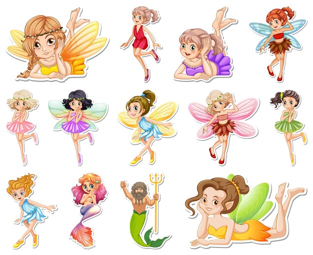 Set of stickers with beautiful fairies and mermaid cartoon character