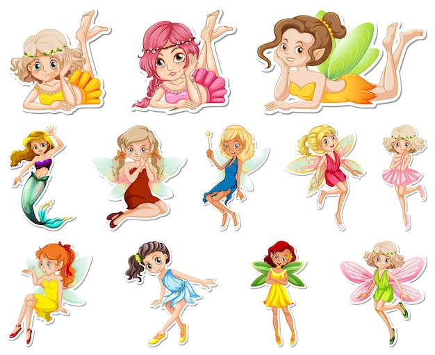 Set of stickers with beautiful fairies and mermaid cartoon character