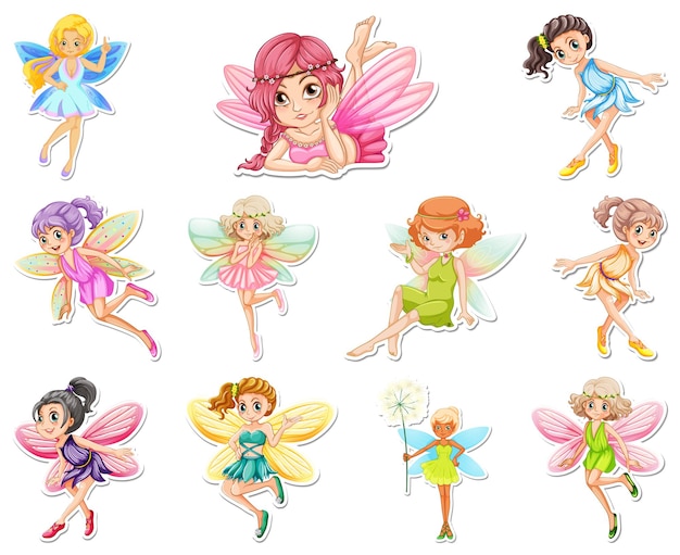 Set of stickers with beautiful fairies and mermaid cartoon character