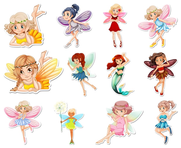 Set of stickers with beautiful fairies and mermaid cartoon character