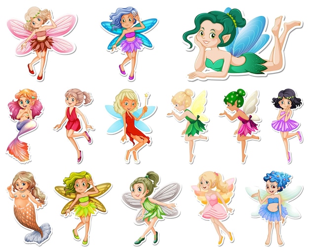 Set of stickers with beautiful fairies and mermaid cartoon character