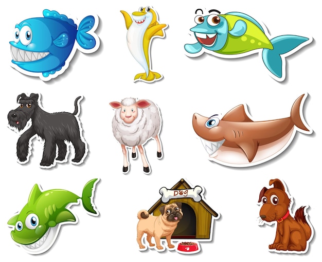 Free Vector set of stickers with sea animals and dogs cartoon character