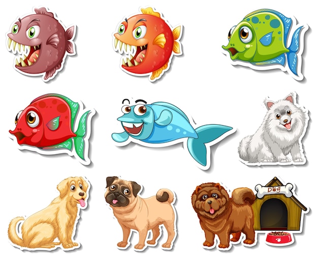 Free Vector set of stickers with sea animals and dogs cartoon character