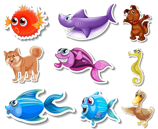 Free Vector set of stickers with sea animals and dogs cartoon character