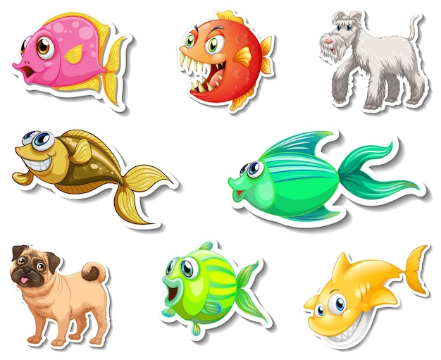 Set of stickers with sea animals and dogs cartoon character