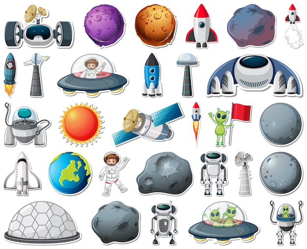 Free vector set of stickers with solar system objects isolated