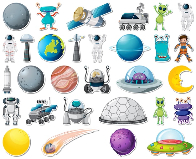 Free vector set of stickers with solar system objects isolated