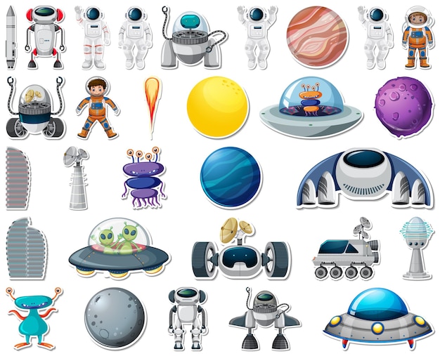 Set of stickers with Solar system objects isolated