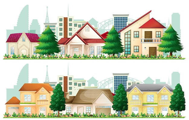 Set of suburban houses on white background