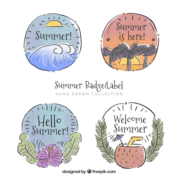 Free Vector set of summer badges with beach elements in hand drawn style